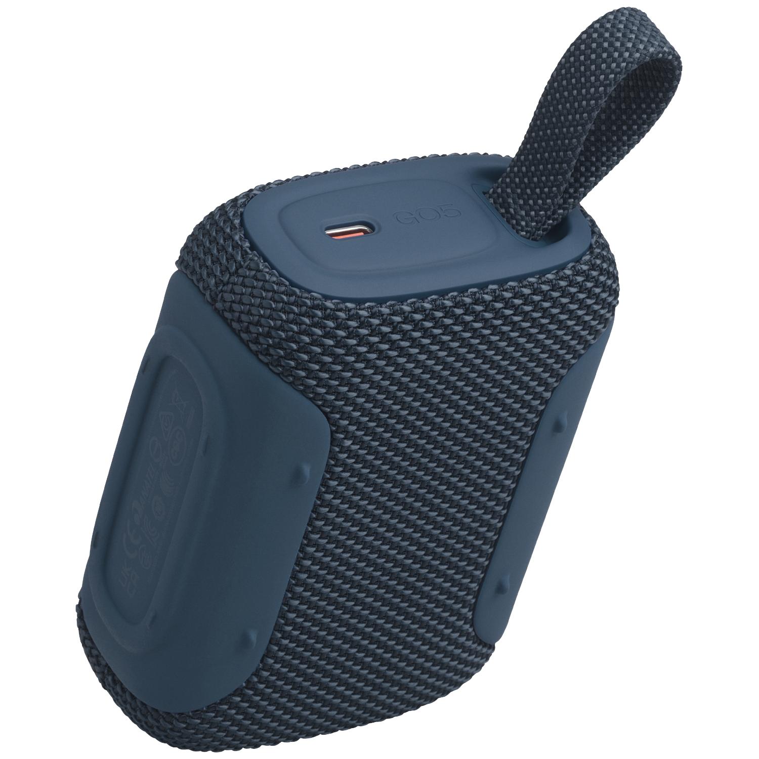 Een blauwe, draagbare Bluetooth-speaker met stoffen grill en een koord.