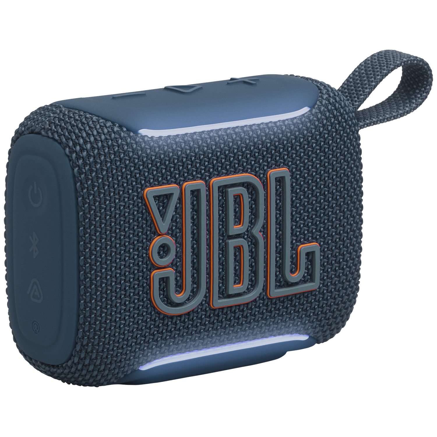 Blauwe JBL speaker met oranje logo's, verlicht.