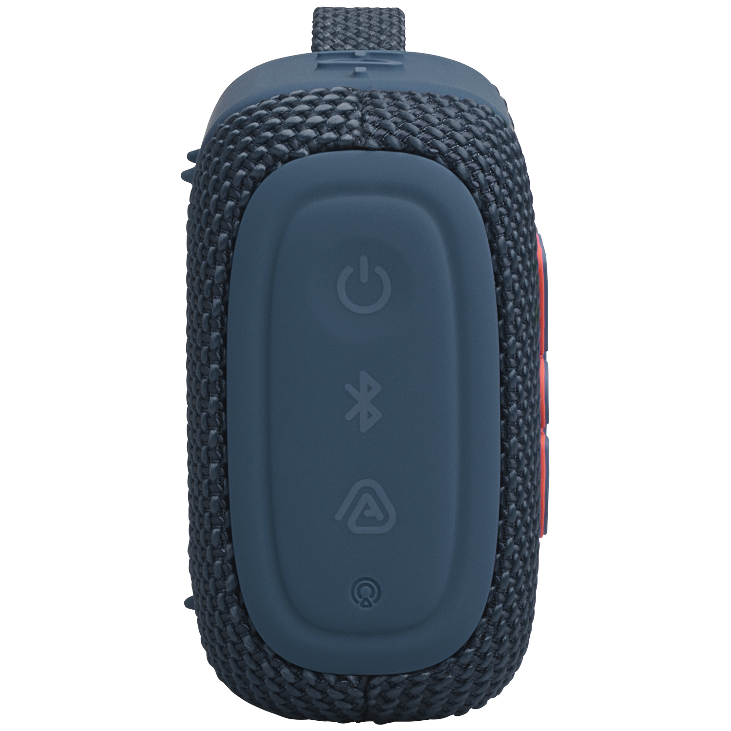 Blauwe Bluetooth speaker met aan/uit-, Bluetooth- en batterij-iconen.