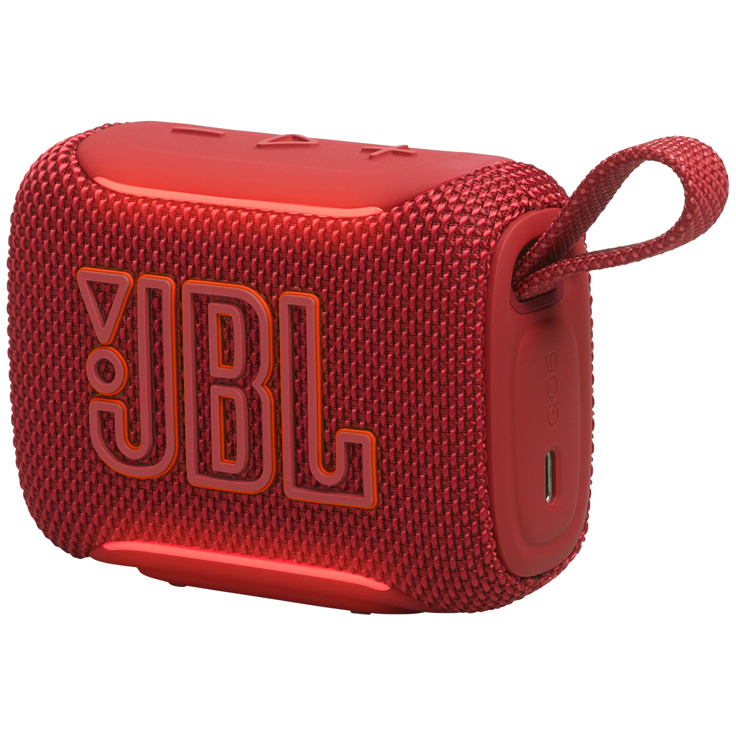 Een rode JBL Bluetooth-luidspreker met stoffen rooster en draaglus.