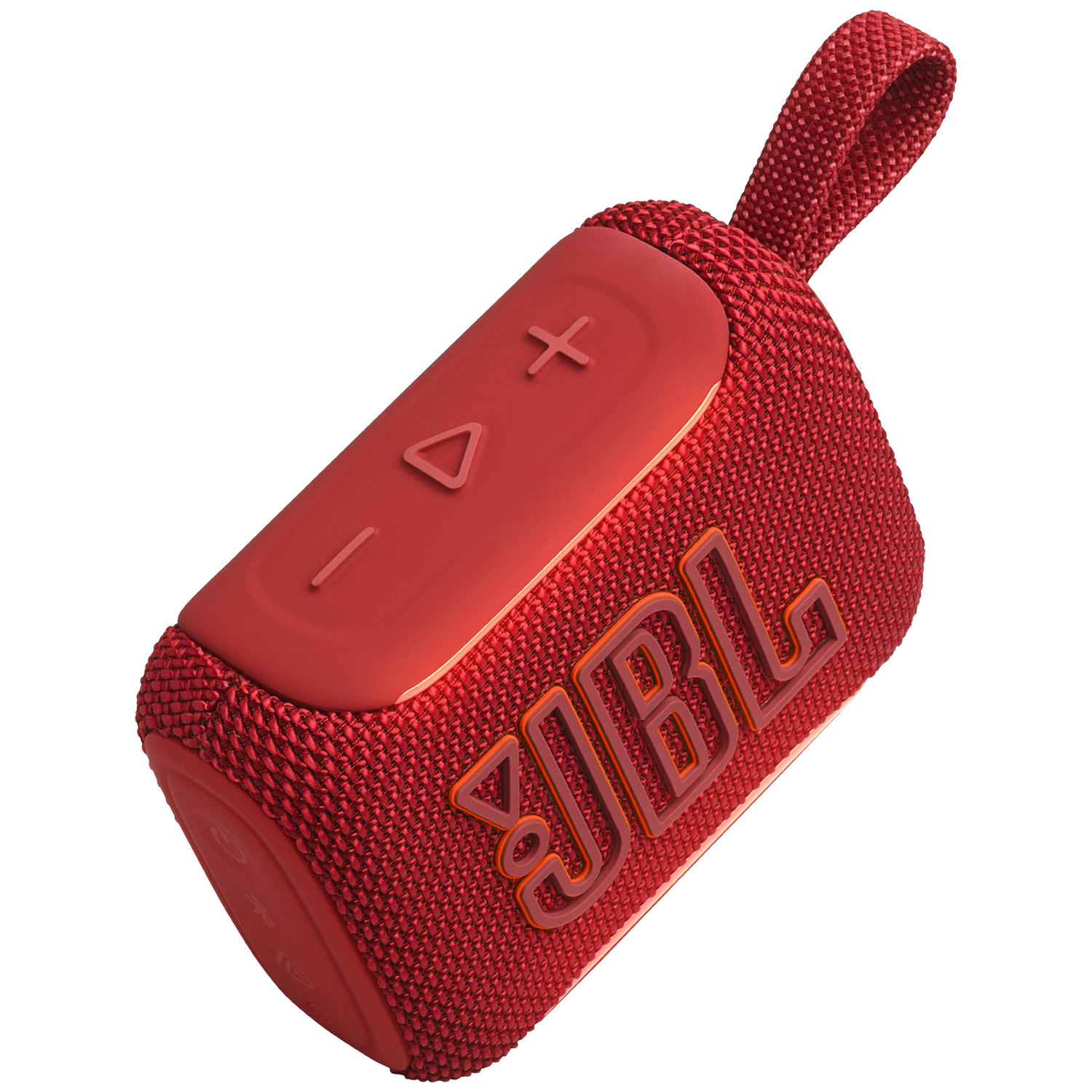 Rode draagbare JBL speaker met stoffen textuur en reliëflogo.