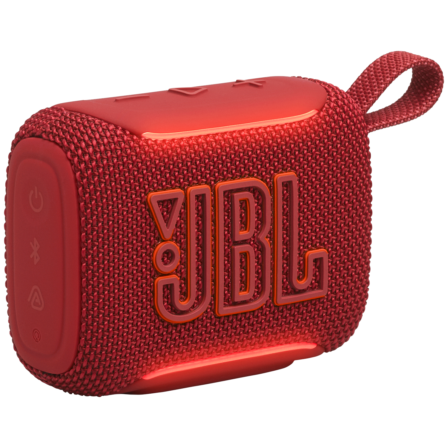 Een rode JBL Bluetooth speaker met lus, op zwarte achtergrond.