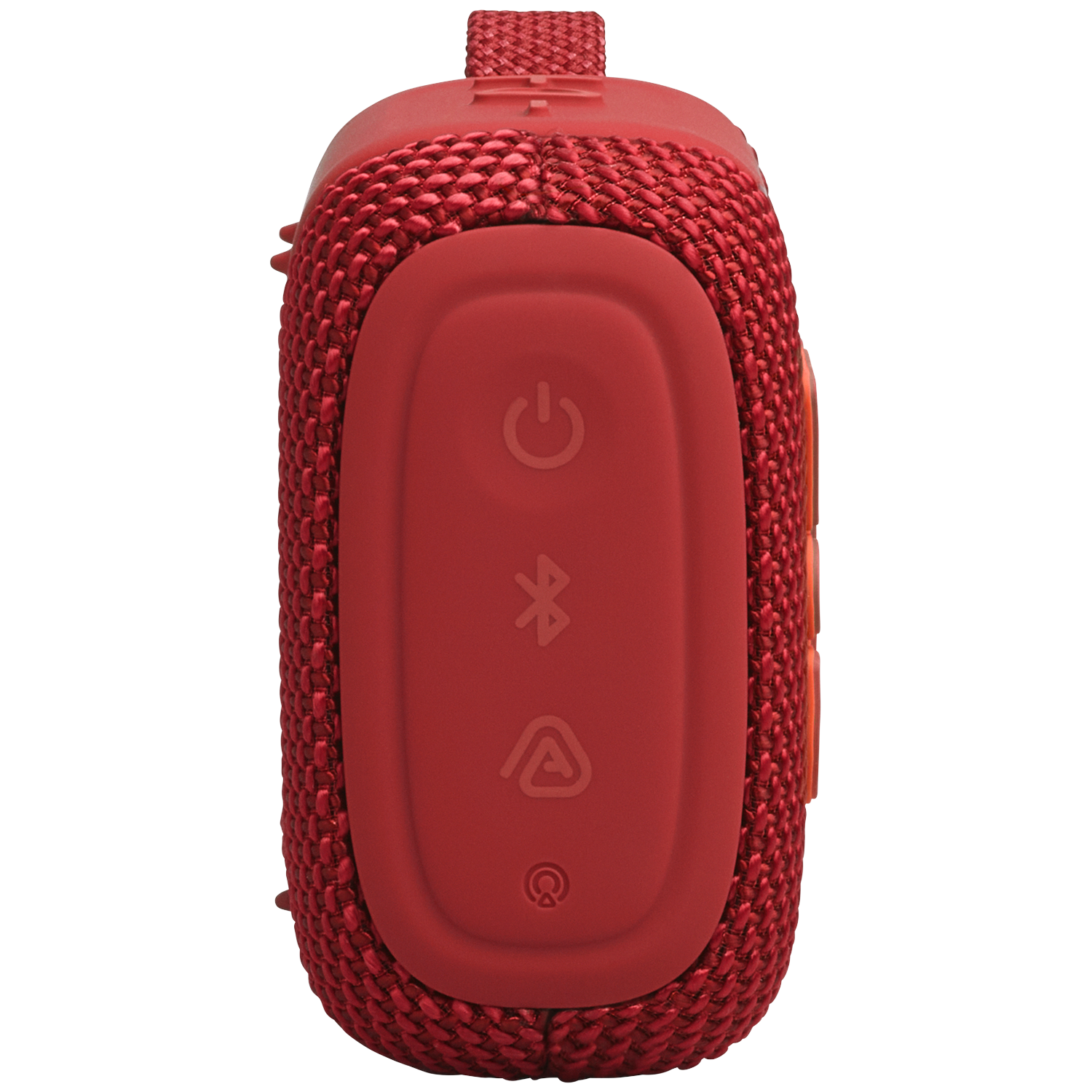 Rode stoffen speaker met bediening: aan/uit, Bluetooth, volume. Zwarte achtergrond.
