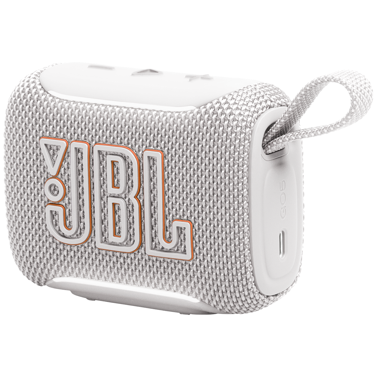 Compact white JBL speaker with fabric texture and orange logo.