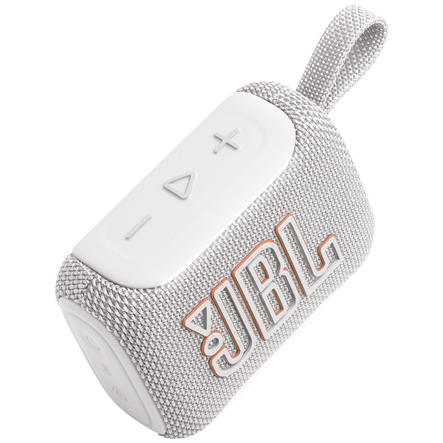 A white JBL Bluetooth speaker with a carrying strap and control buttons.