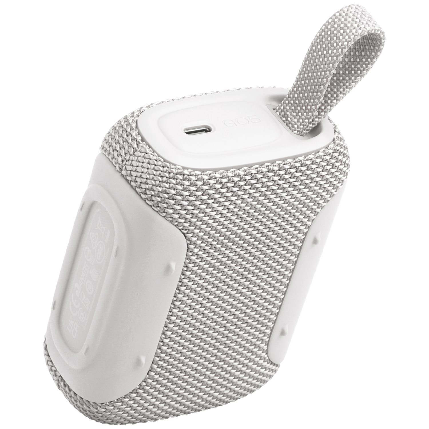 A white portable speaker with a fabric cover and a carrying strap.