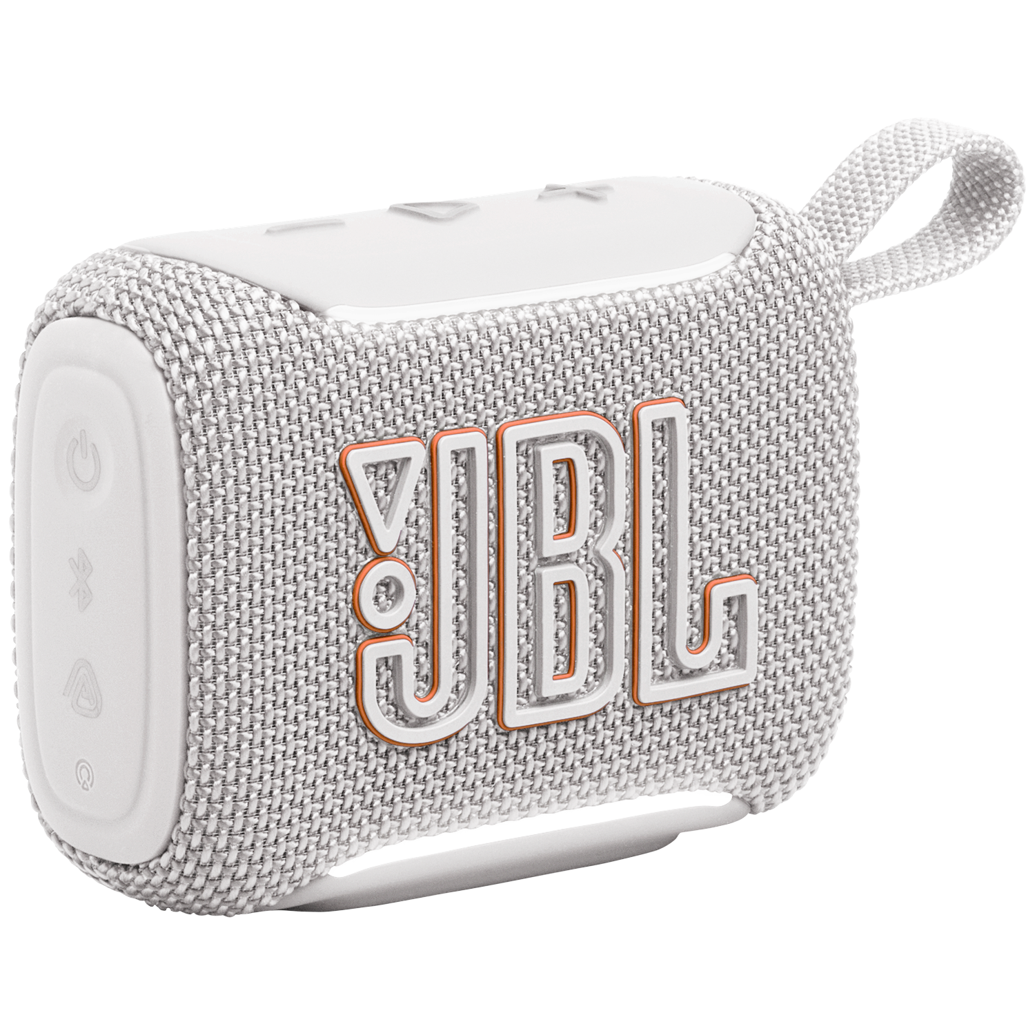 White JBL portable speaker with fabric texture and orange outlined logo.