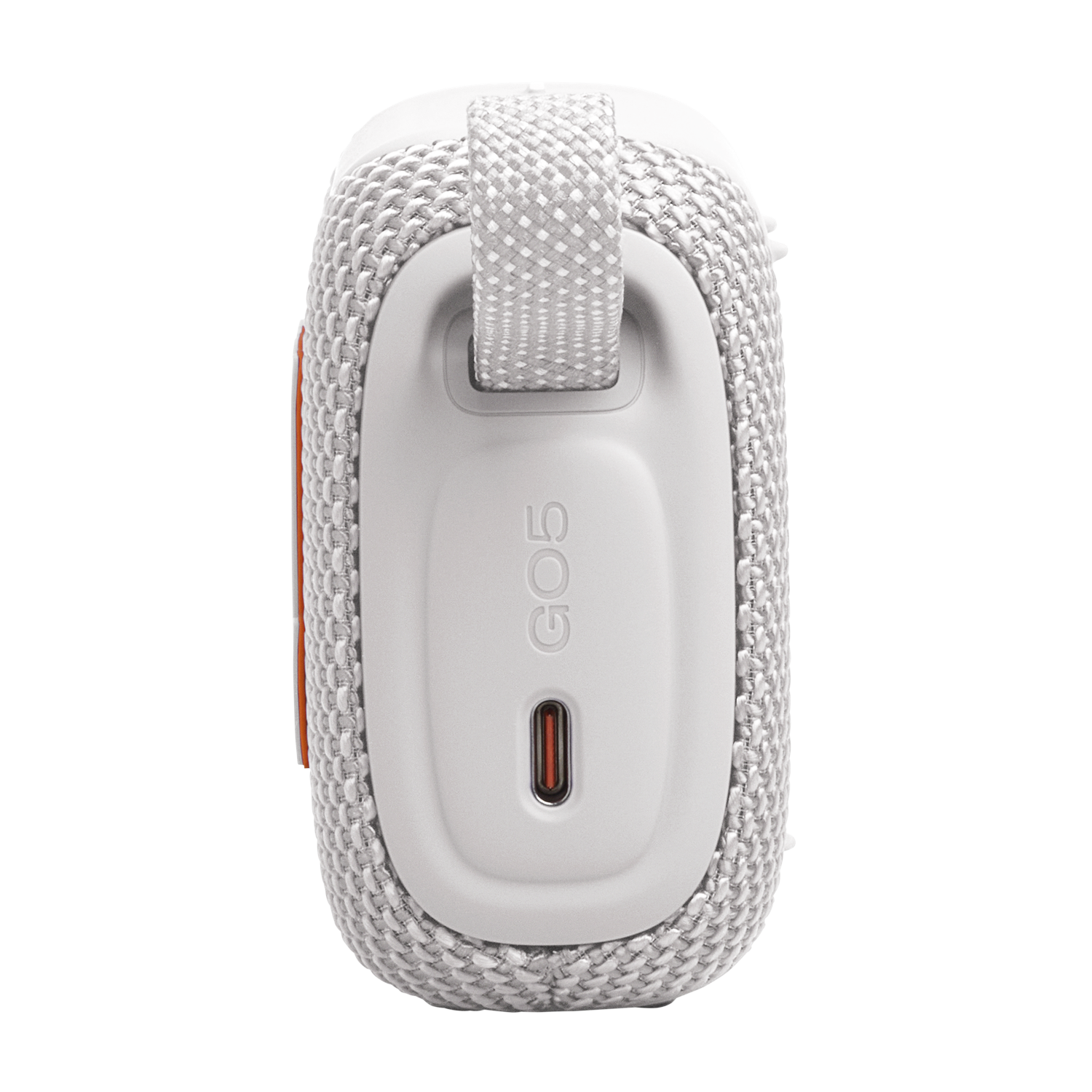 White JBL Go 5 portable speaker with USB-C port and carrying strap.