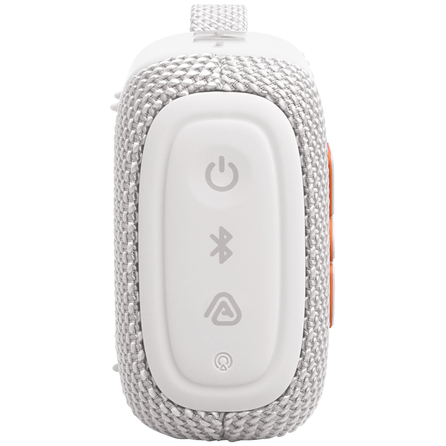 White Bluetooth speaker with power, Bluetooth and playback icons.