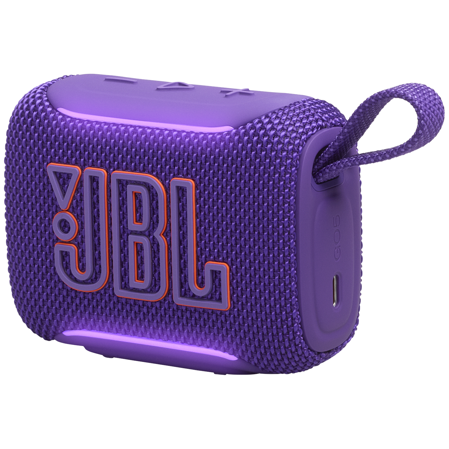 A purple JBL GO 3 speaker with orange JBL logo sits on a black background.