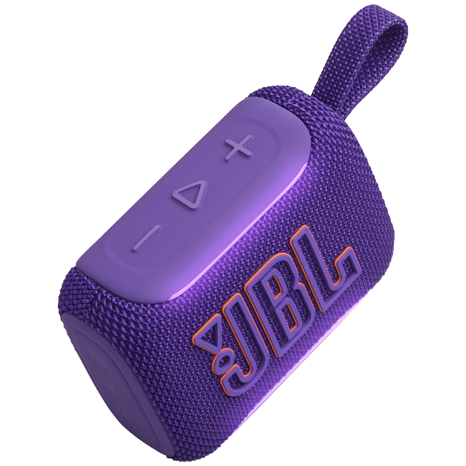 A purple JBL speaker with orange JBL logo and volume buttons on a black background.