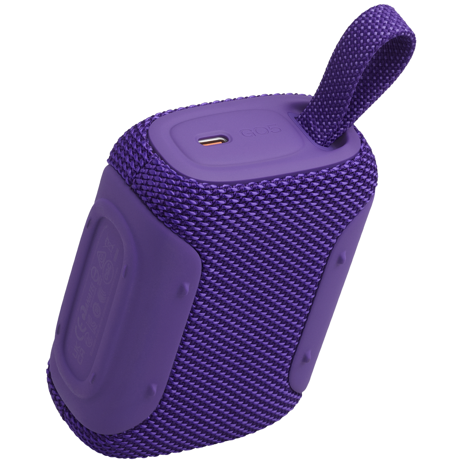 Purple Bluetooth speaker with a carrying strap and USB-C port.