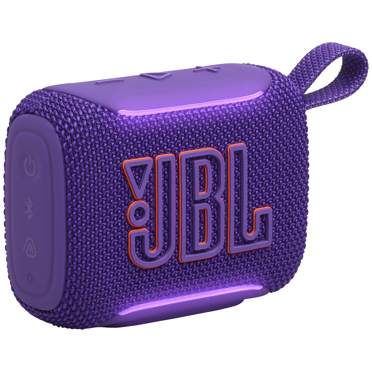 Purple JBL speaker with glowing orange logo and light-up trim.