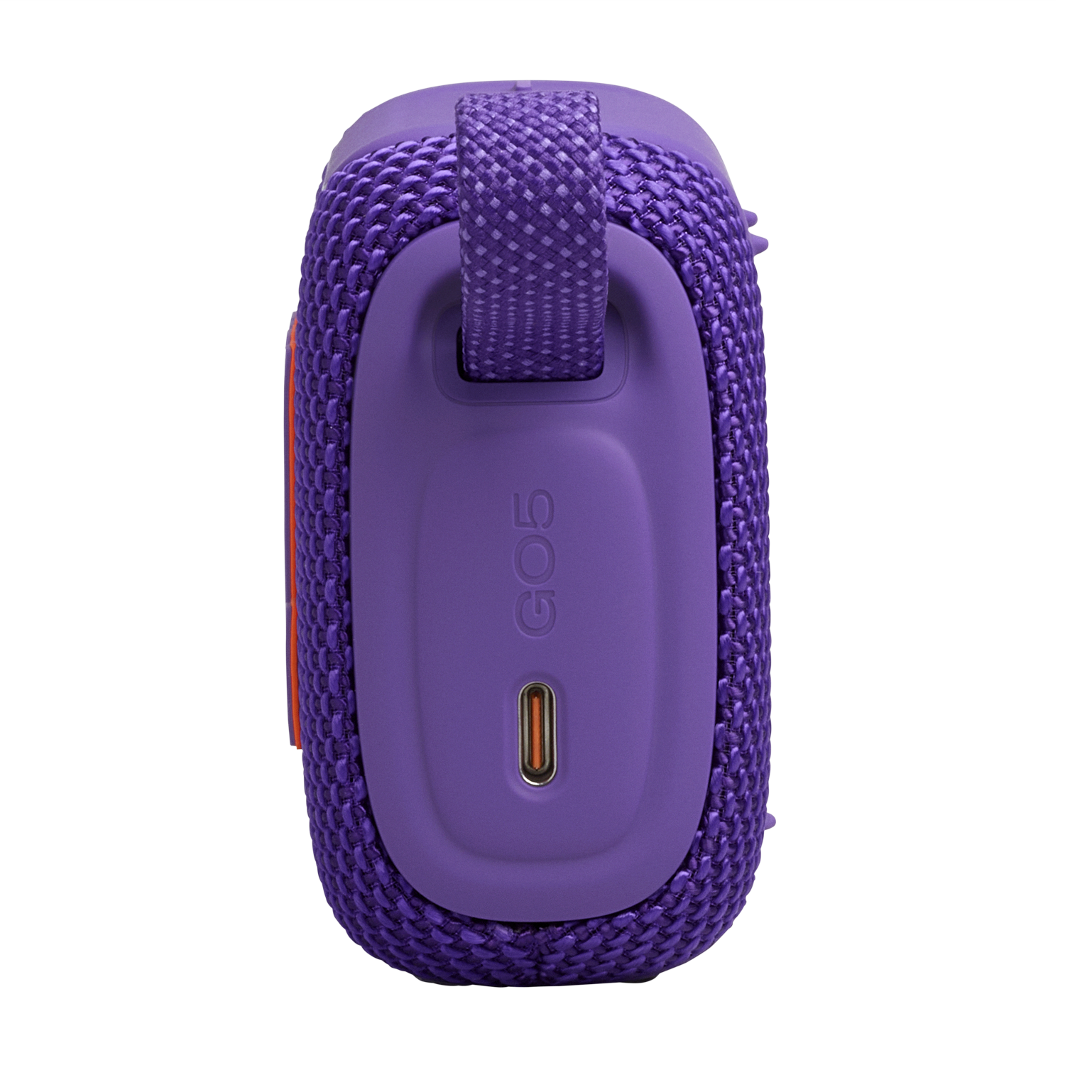 Purple portable speaker with USB-C port and carrying strap.
