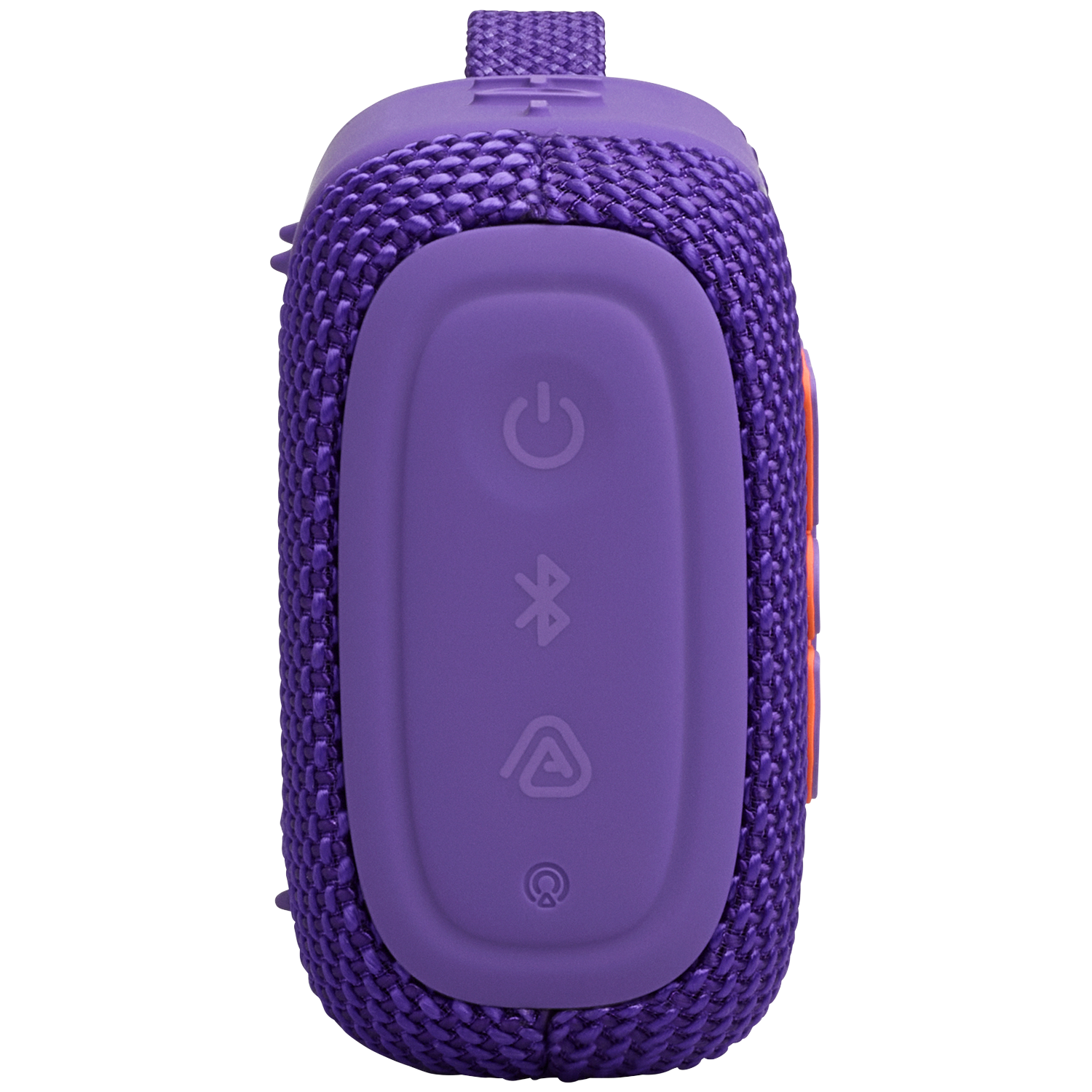 Purple Bluetooth speaker with control buttons and orange accents.