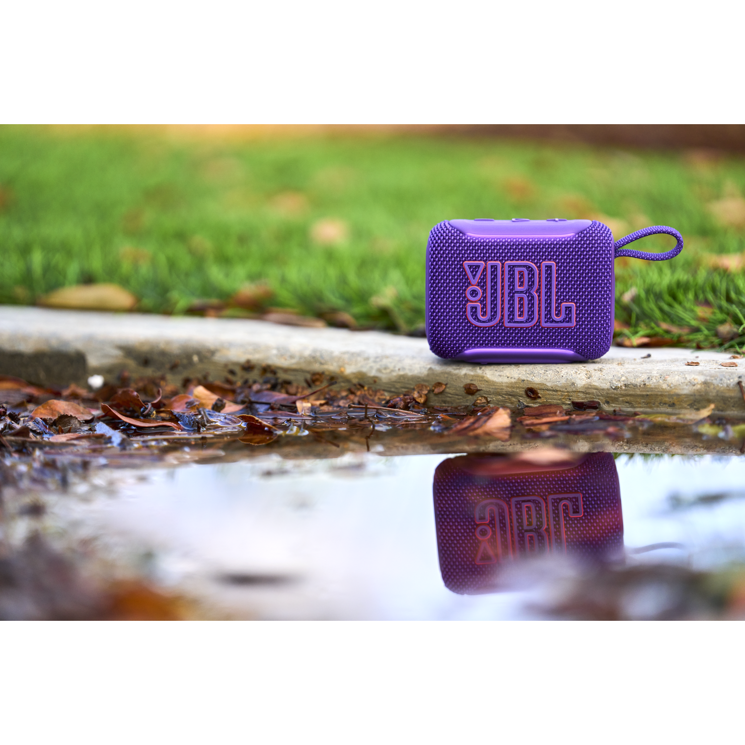 Purple JBL speaker with loop on stone edge, reflected in puddle.