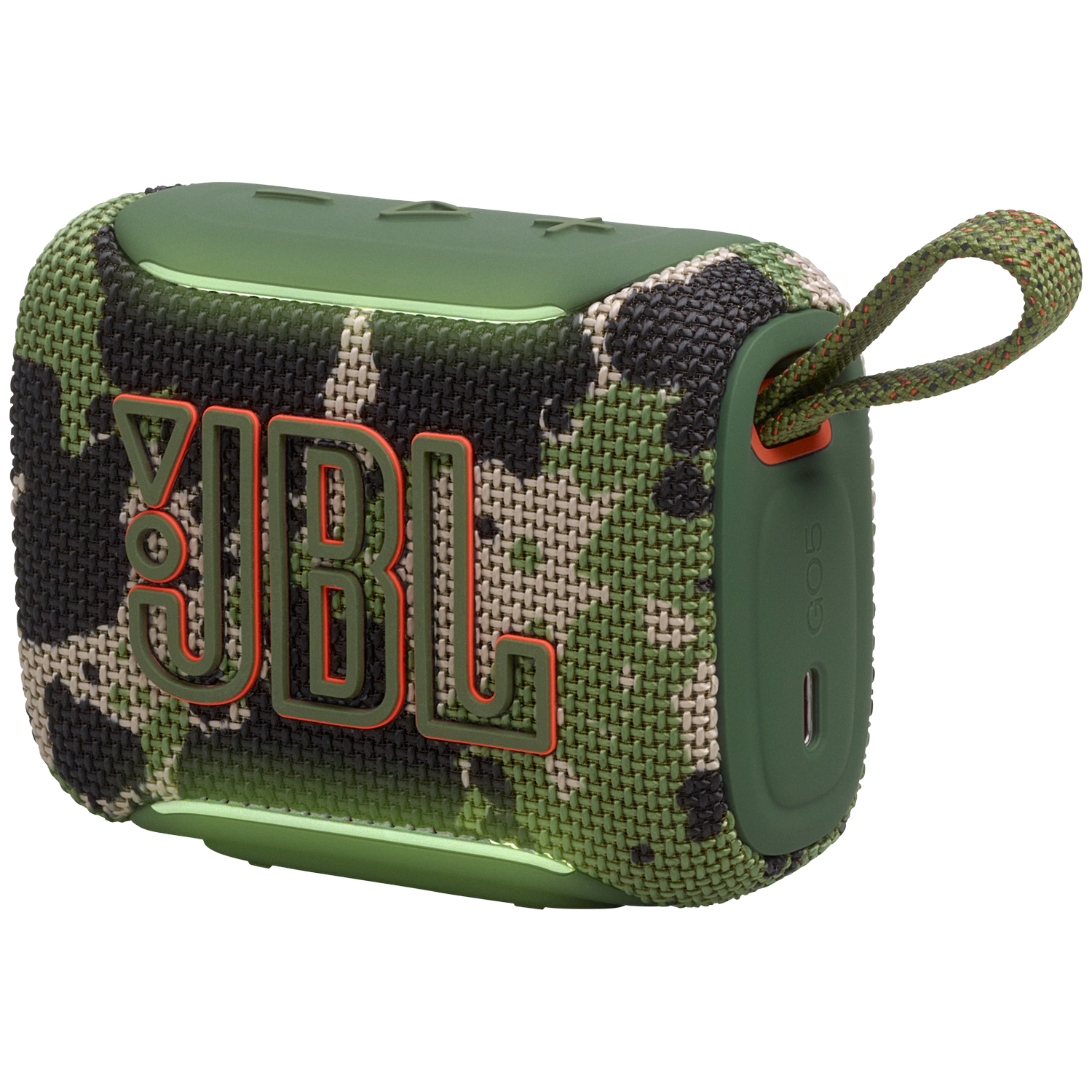 Groene camouflage speaker met JBL-logo en draaglus.