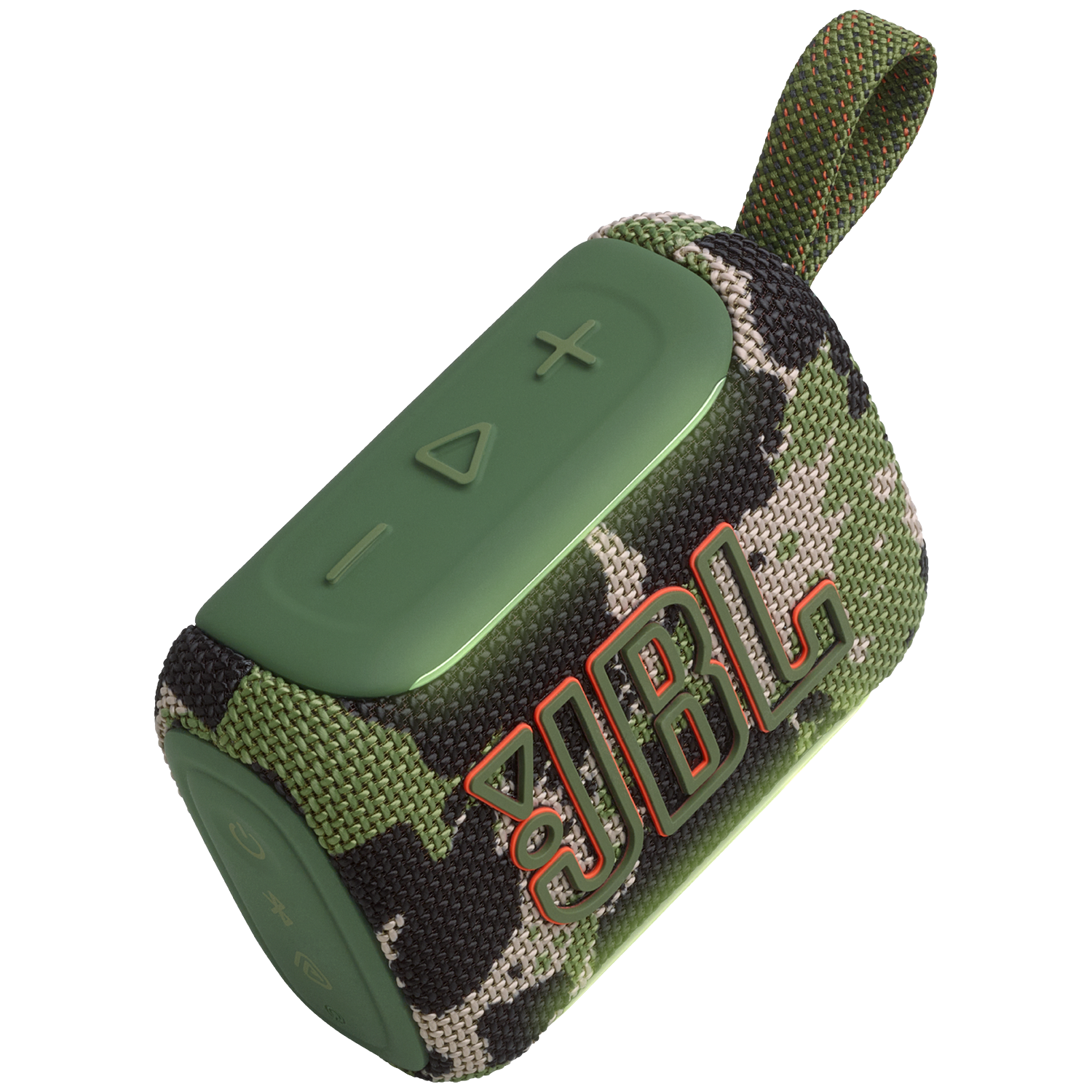 Een JBL speaker met camouflagepatroon, draaglus en bedieningsknoppen.