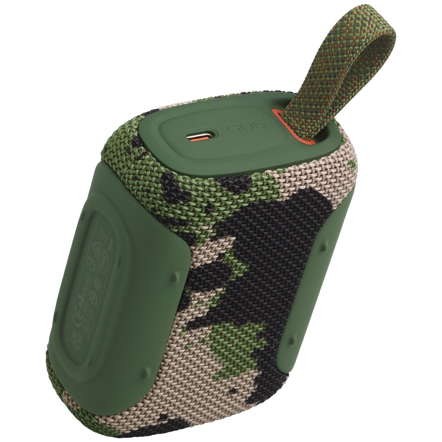 Een kleine, rechthoekige luidspreker met camouflagepatroon en draaglus.
