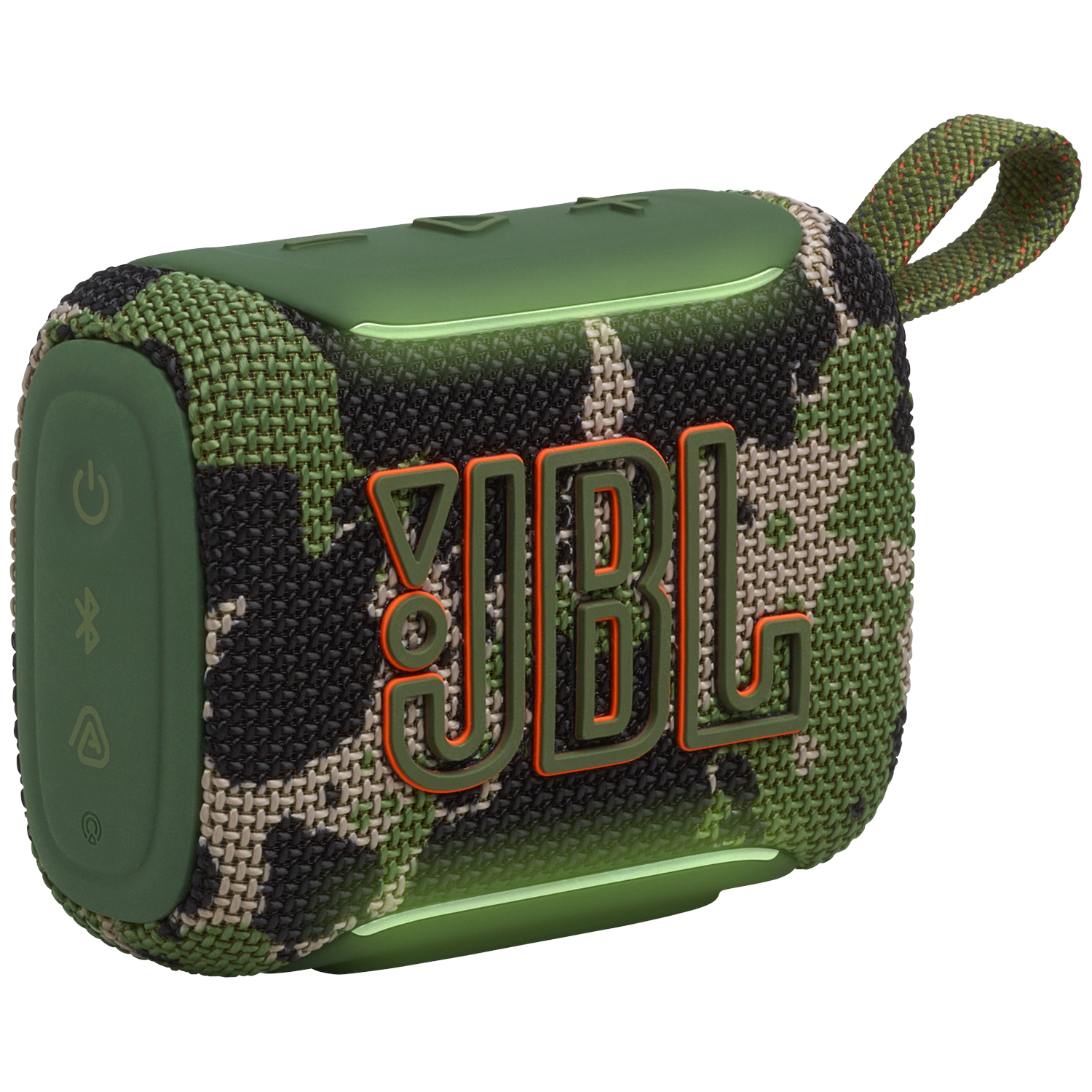 Groene JBL speaker met camouflagepatroon en oranje logo. Inclusief band.