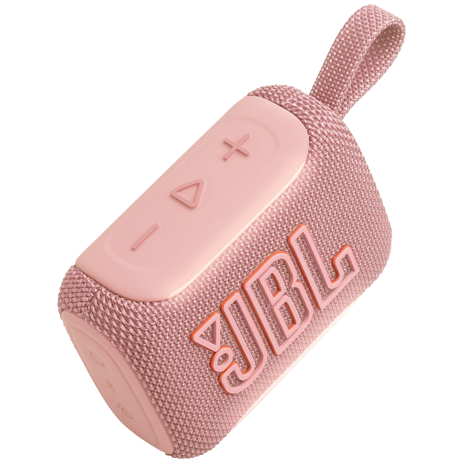 Een roze JBL speaker met een band en bedieningsknoppen.