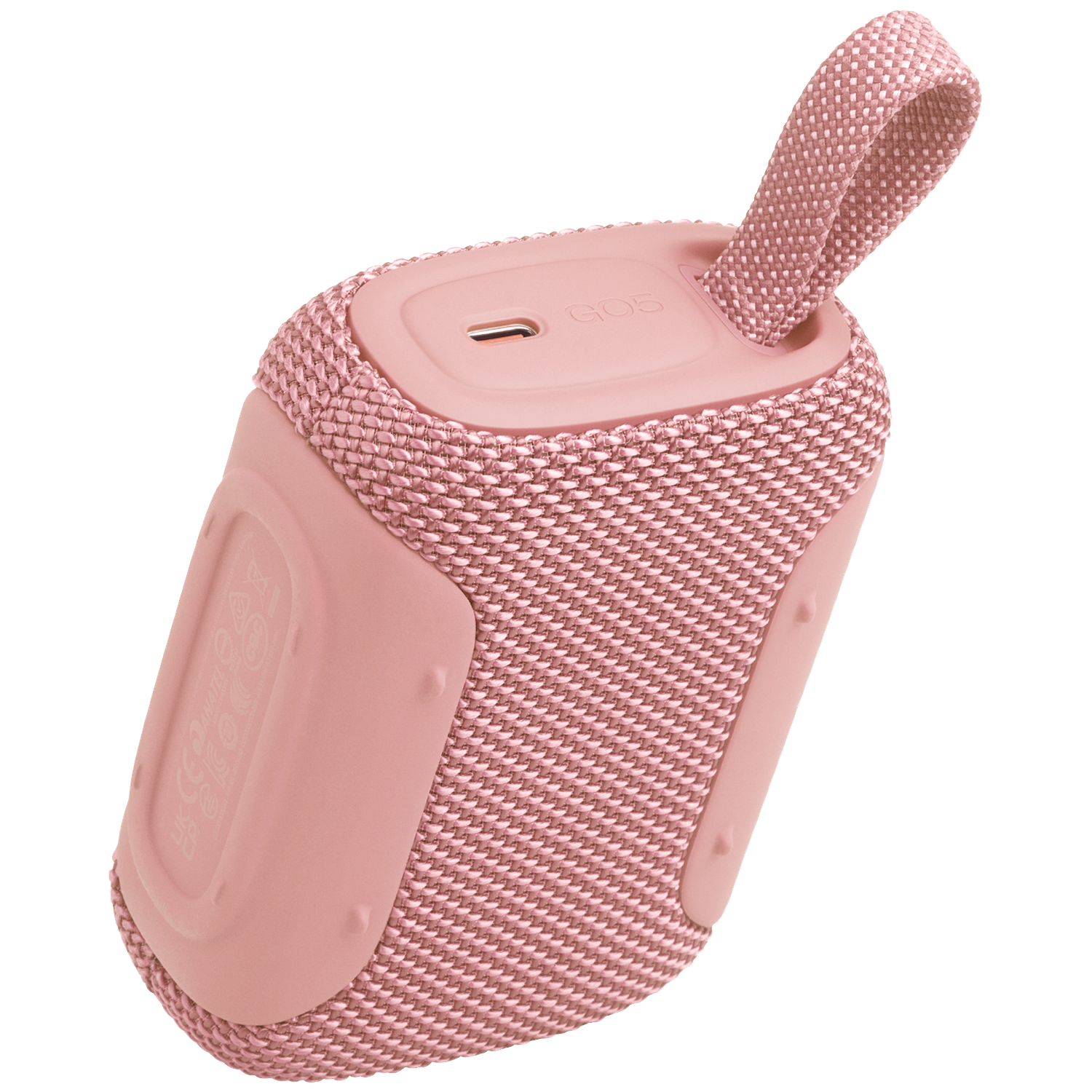 Een roze Bluetooth speaker met draaglus en USB-C poort.