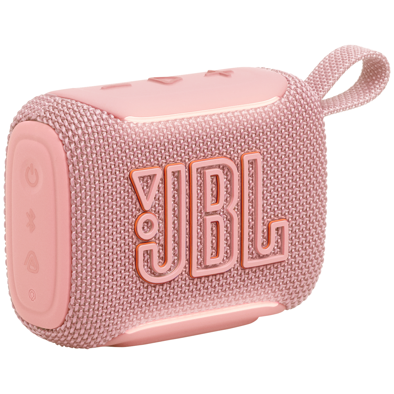 Een roze JBL speaker met stoffen bekleding en oranje logo.