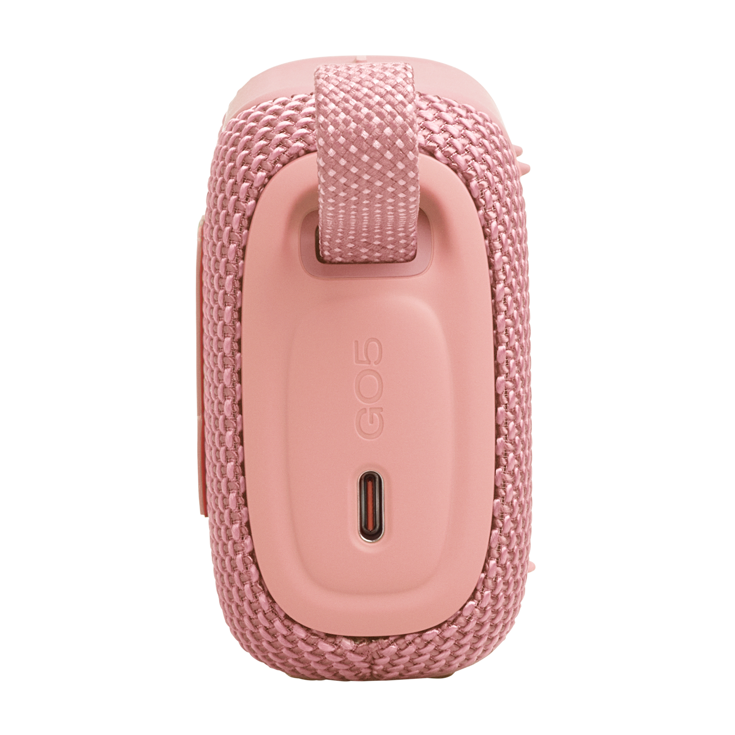Een kleine, roze luidspreker met stoffen bekleding en een lus.