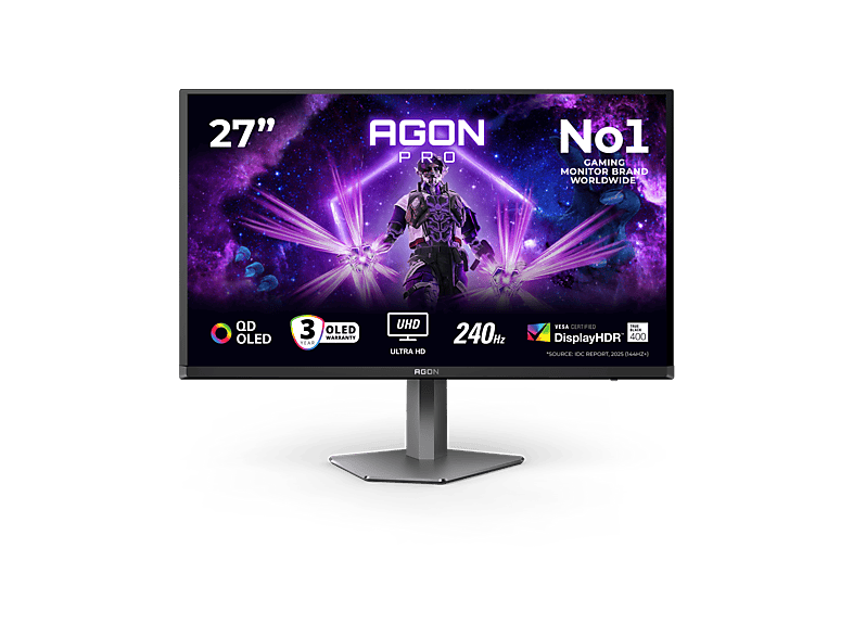AOC AGON PRO AG276UZD, 26.5 UHD 4K, 240 Hz, 0.03 ms, QD-OLED, Adaptive Sync, VESA HDR™ True Black 400, Negro