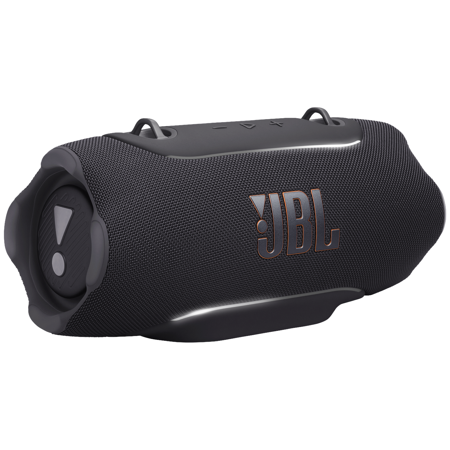 Black JBL speaker with orange logo and carry handles.