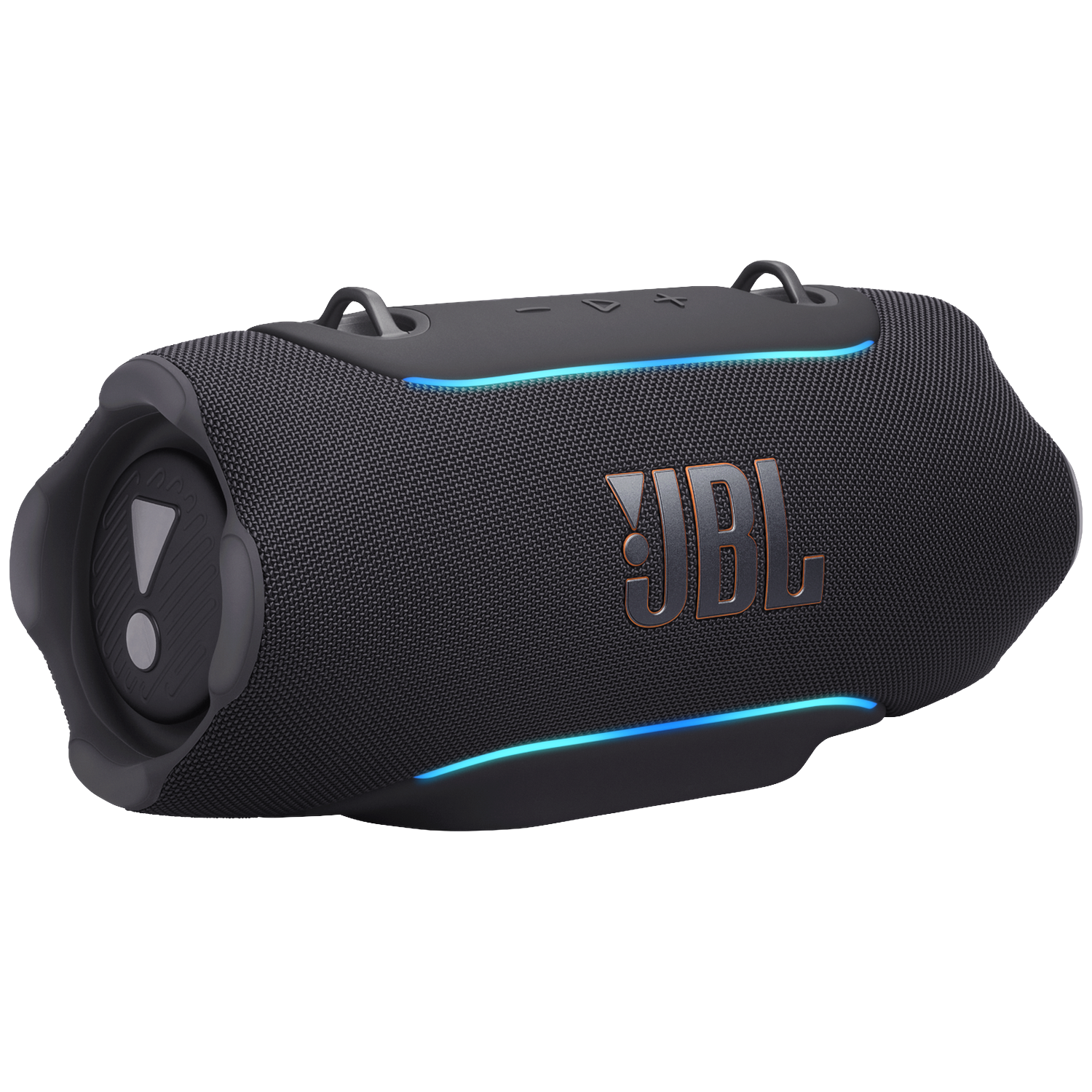 Black JBL Bluetooth speaker with blue accent lights and logo.