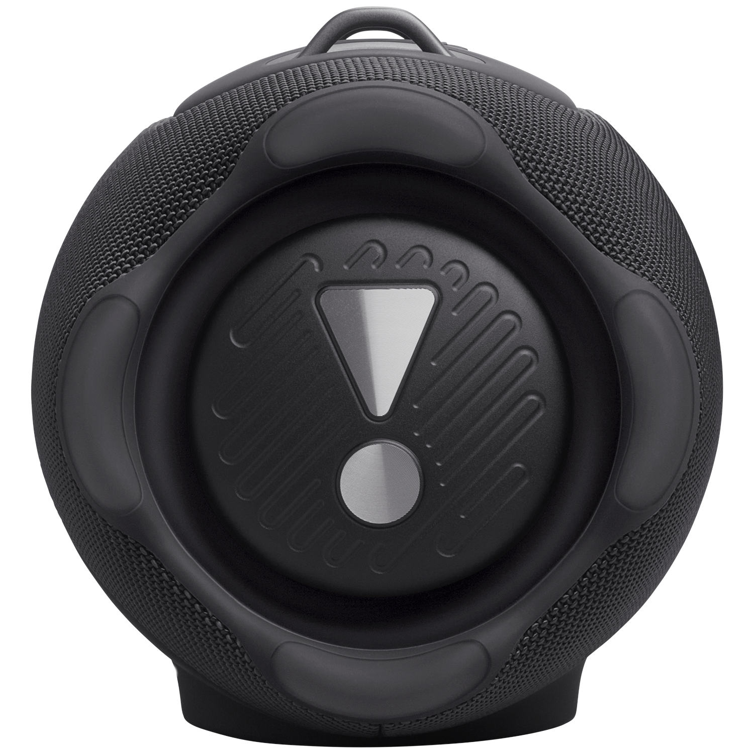 Black portable speaker with fabric grille and a triangular logo.