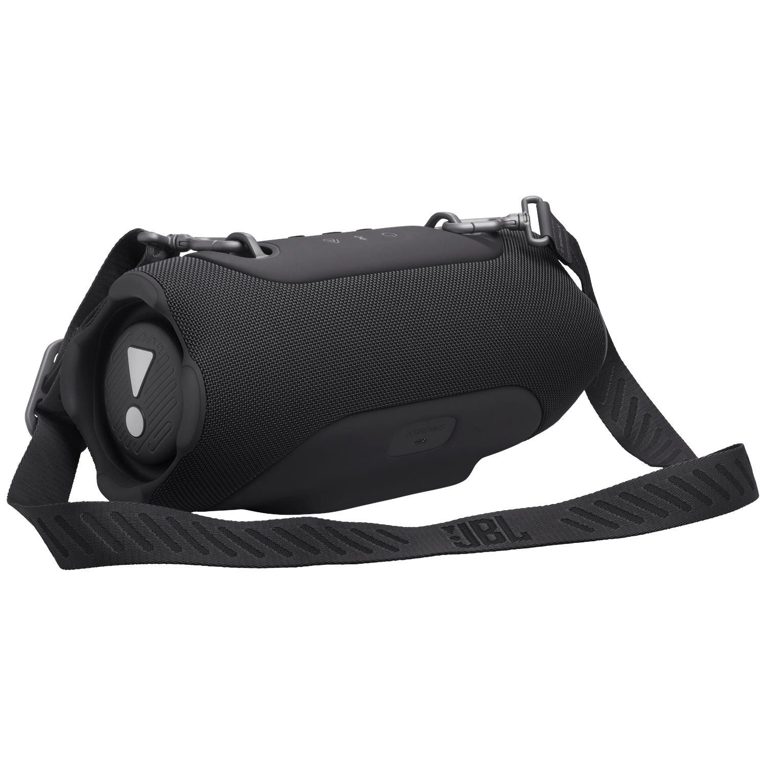 Black JBL speaker with a strap on a black background.