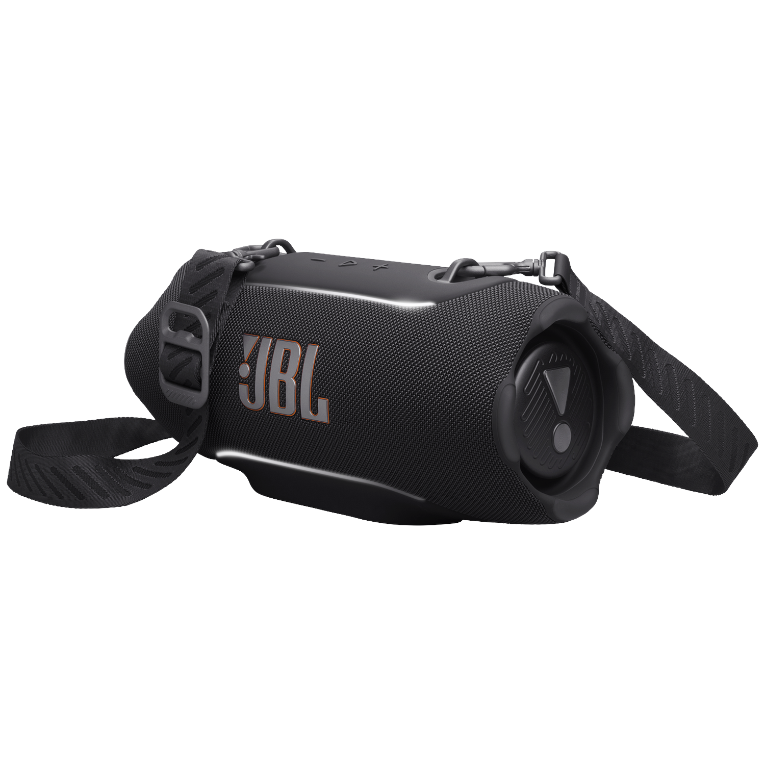 Black JBL speaker with a strap, against a black background.