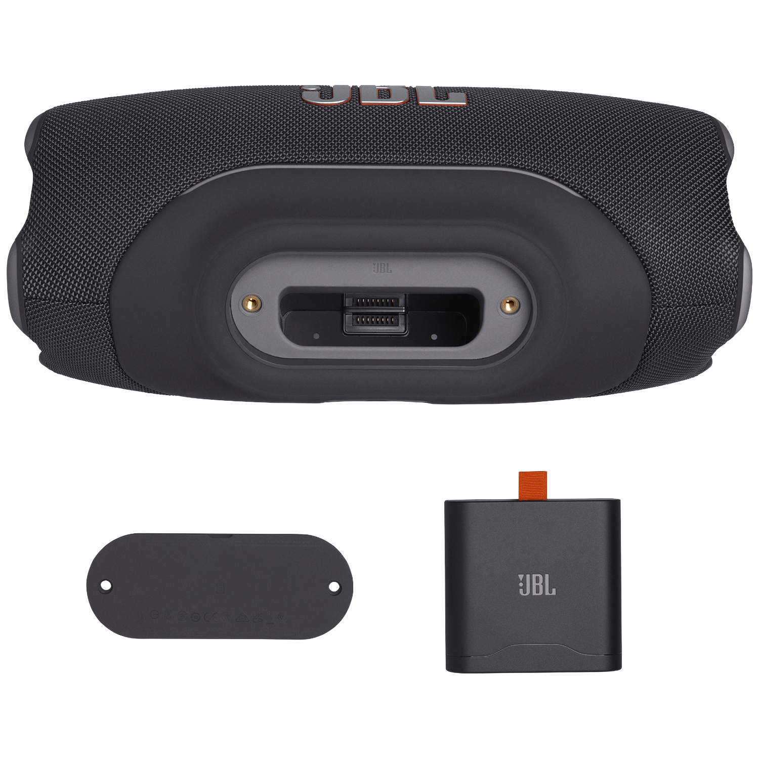Black JBL speaker with ports, a cover, and a power bank.