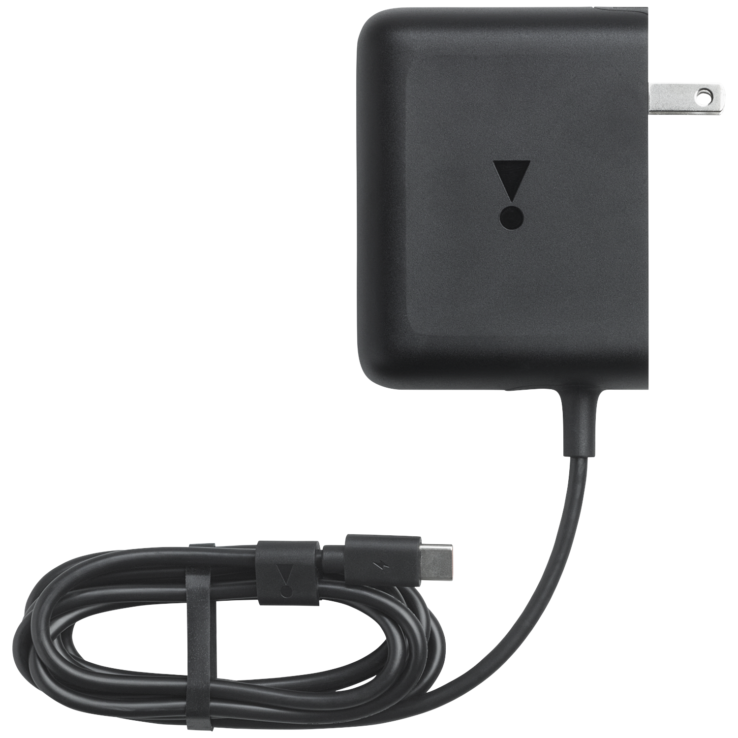A black power adapter with a coiled USB-C cable.