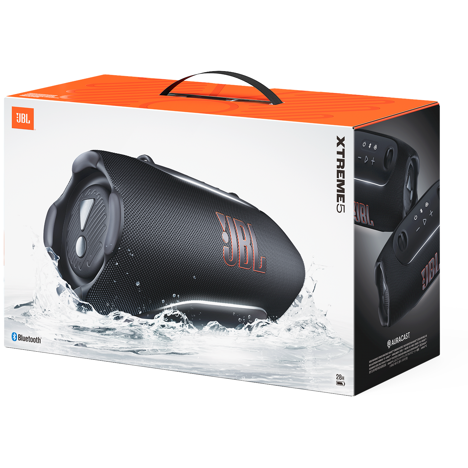 JBL Xtreme 5 speaker in box with water splash, Bluetooth symbol.