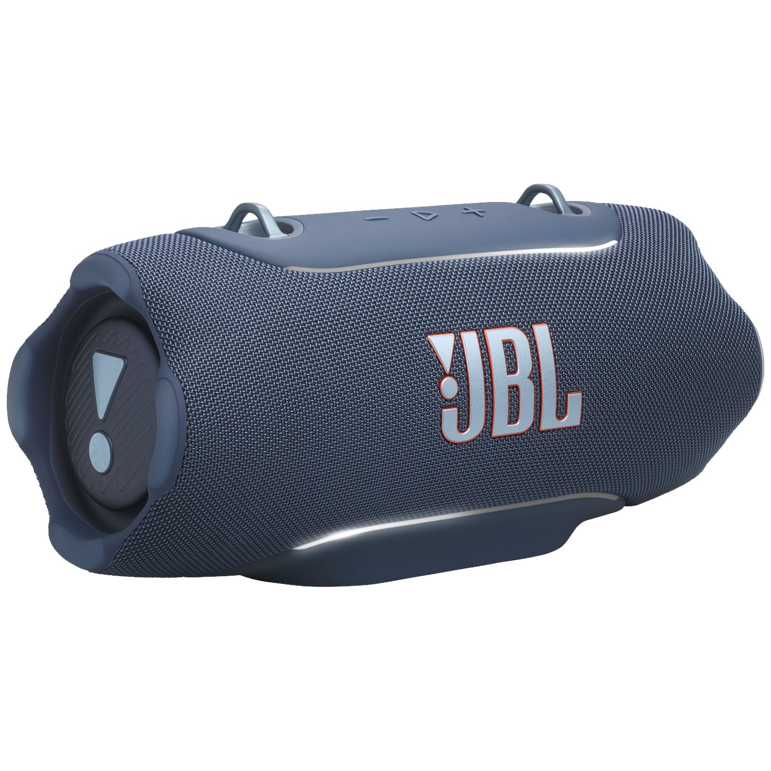 Een blauwe draagbare JBL-luidspreker met een getextureerde stoffen buitenkant en zilveren accenten.