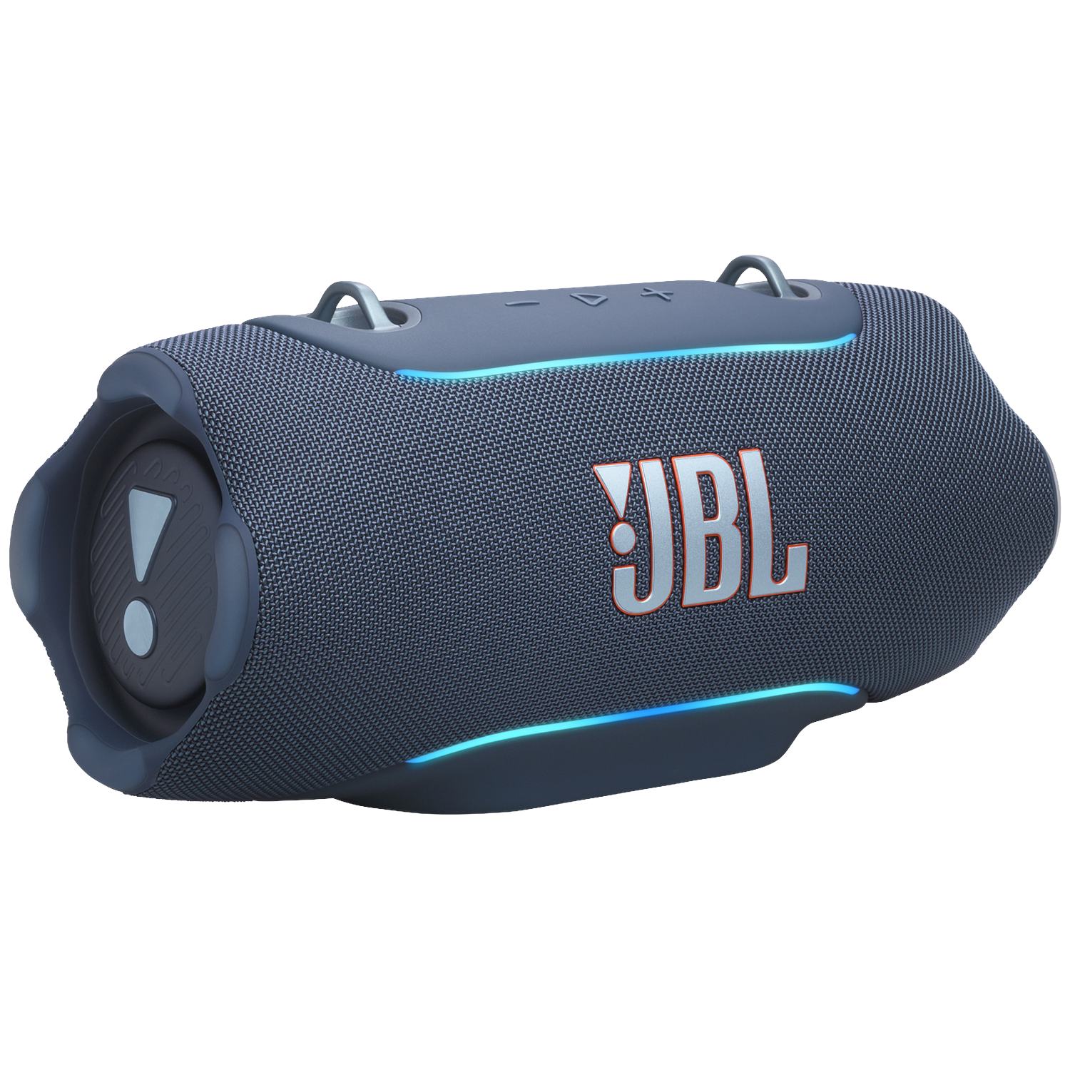 Blauwe JBL Bluetooth speaker met accentverlichting en draagband.