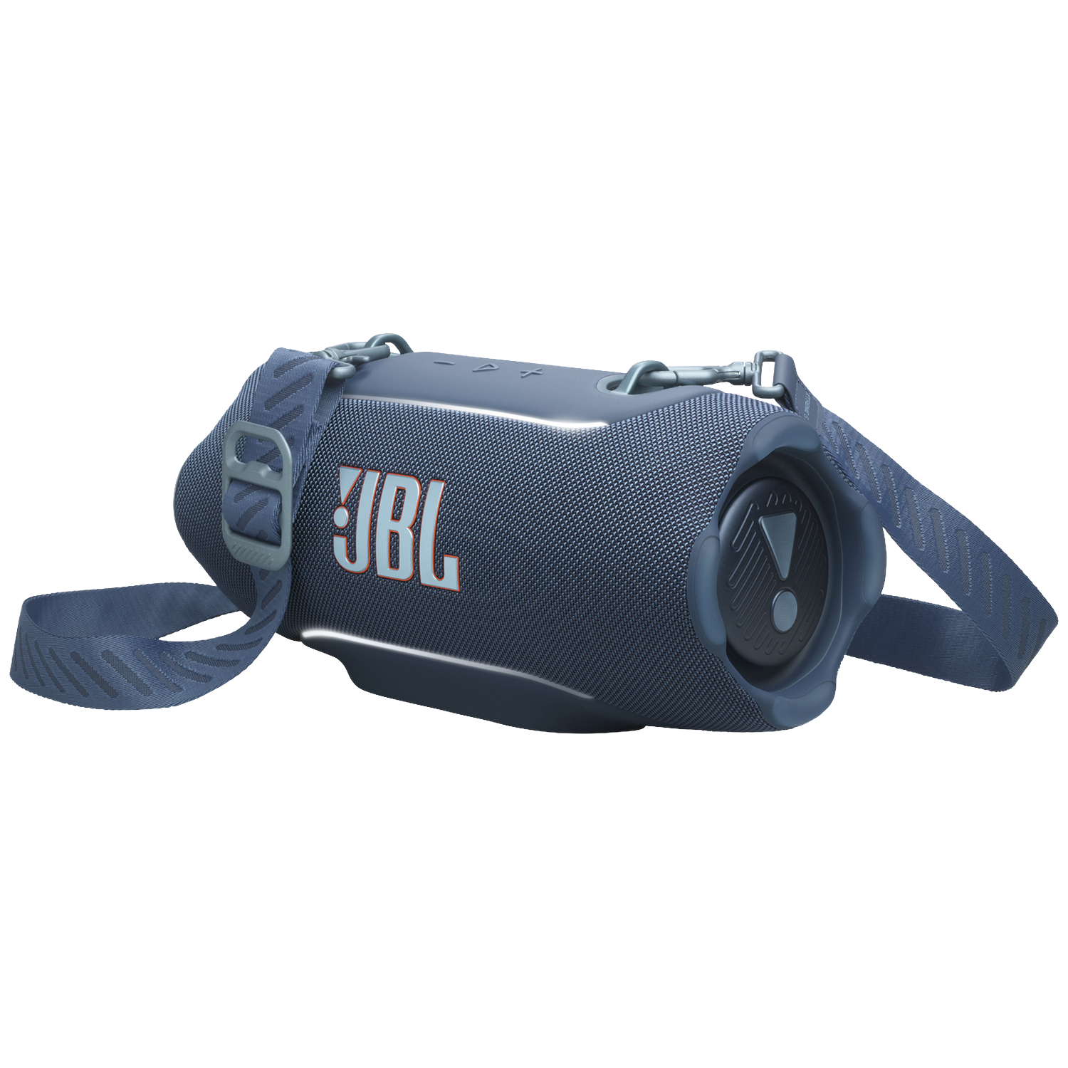 Donkerblauwe JBL luidspreker met riem, op zwarte achtergrond.