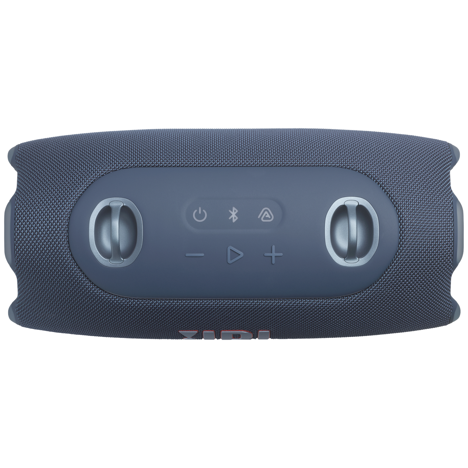 Blauwe JBL speaker met bedieningselementen en logo op zwarte achtergrond.