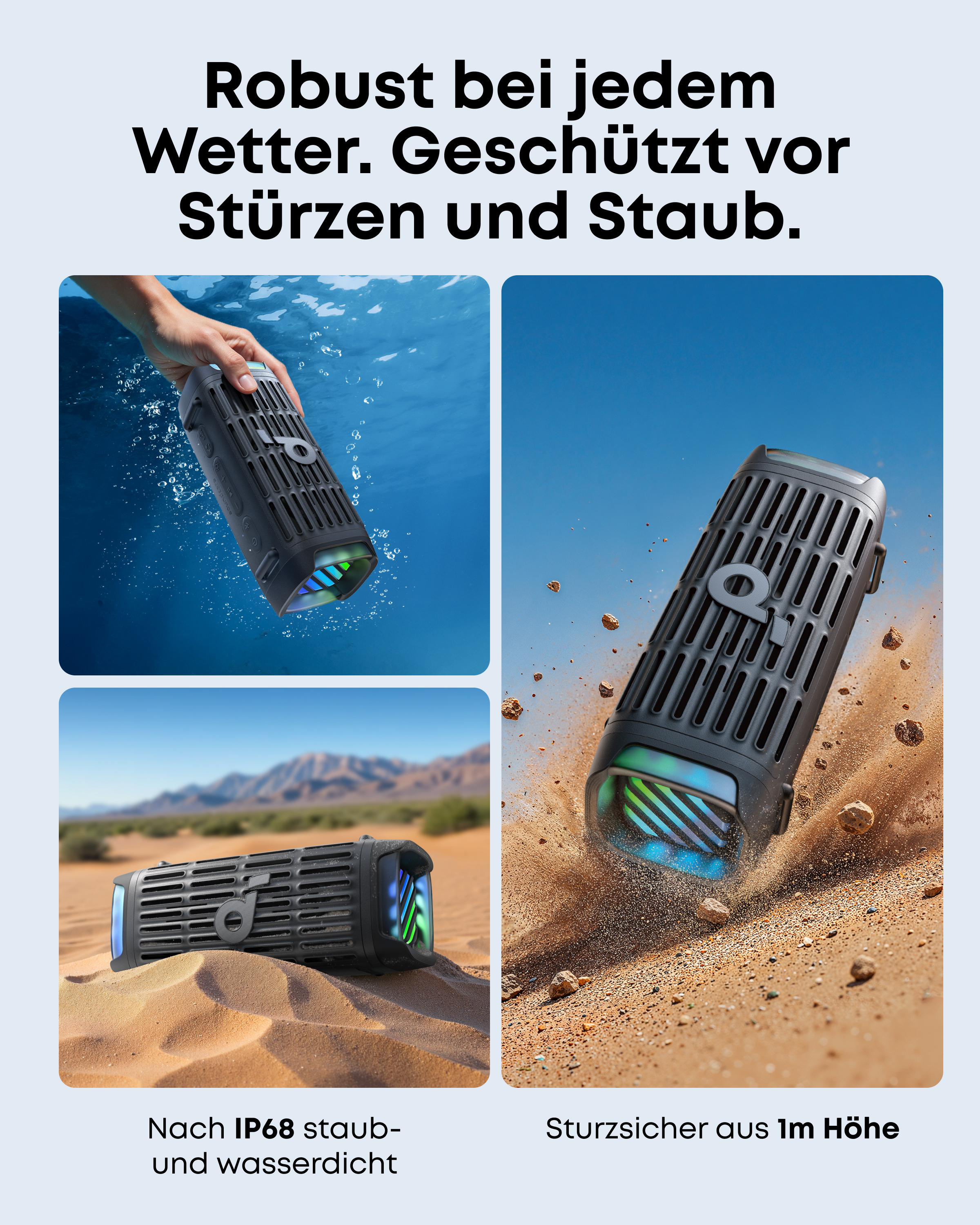 Schwarzer Lautsprecher wird in Wasser, Sand und aus der Luft gezeigt.