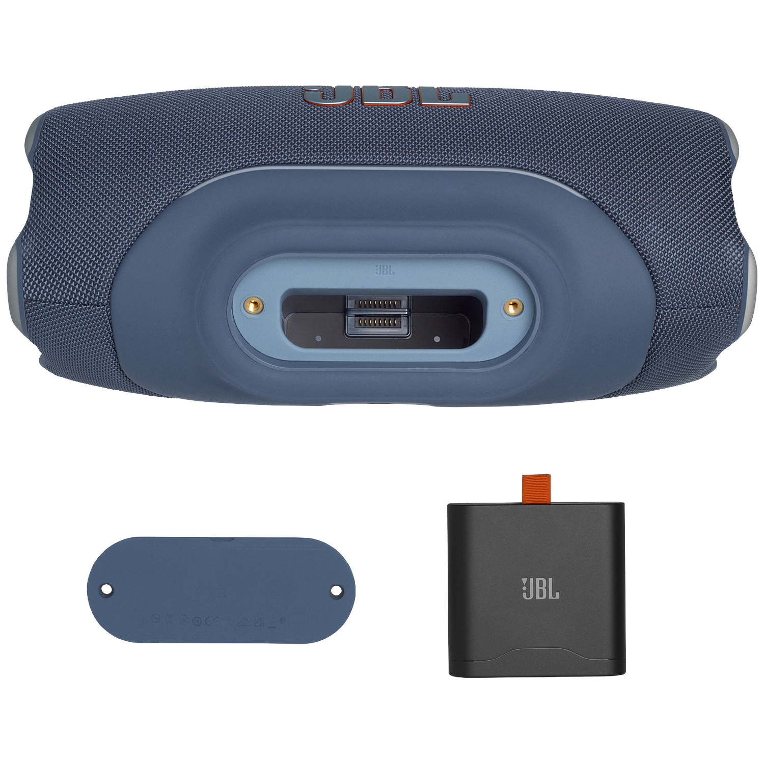 JBL speaker met poorten, een oplaaddock en een afdekking op zwarte achtergrond.