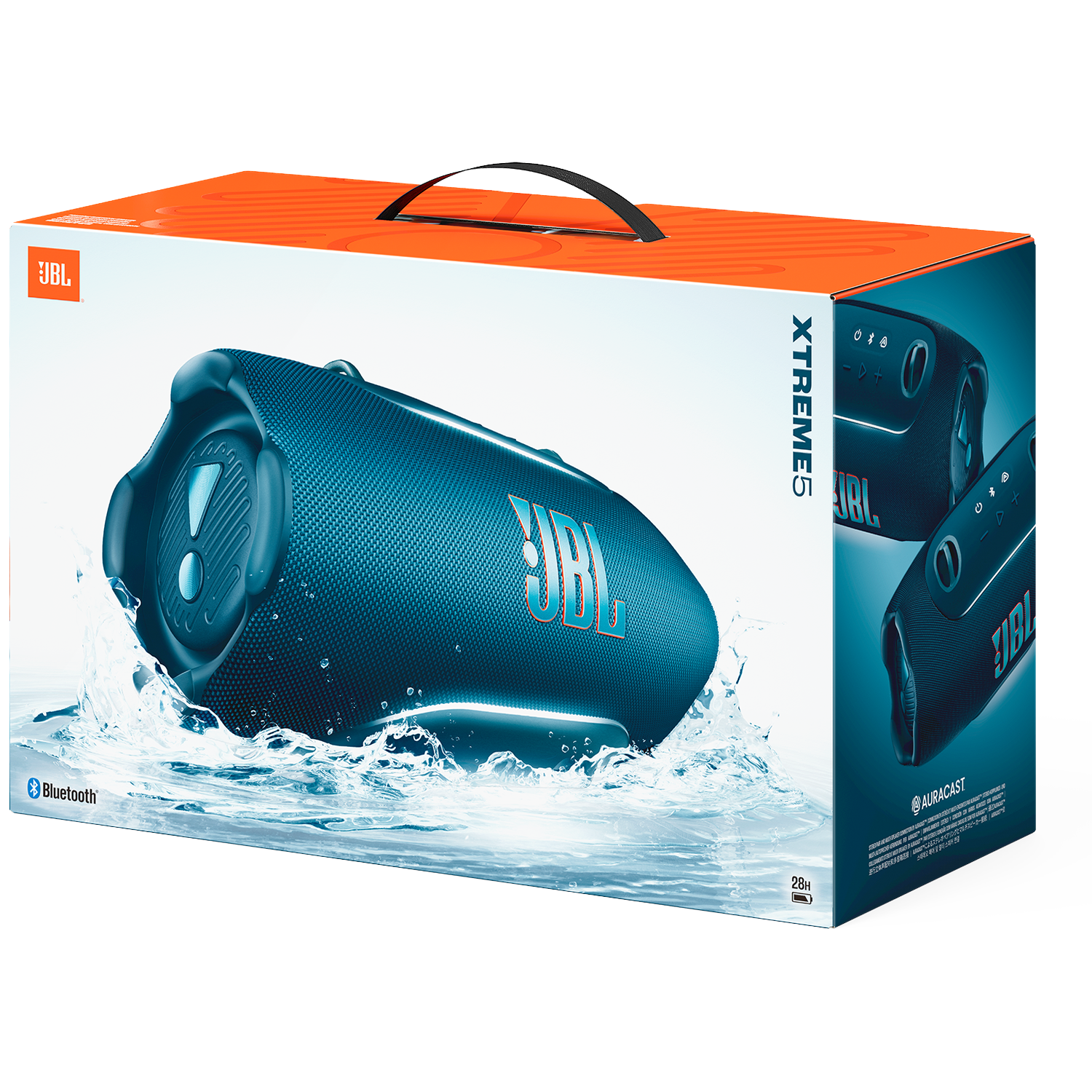 Blauwe JBL Xtreme 5 luidspreker met opspattend water. Bluetooth-icoon.