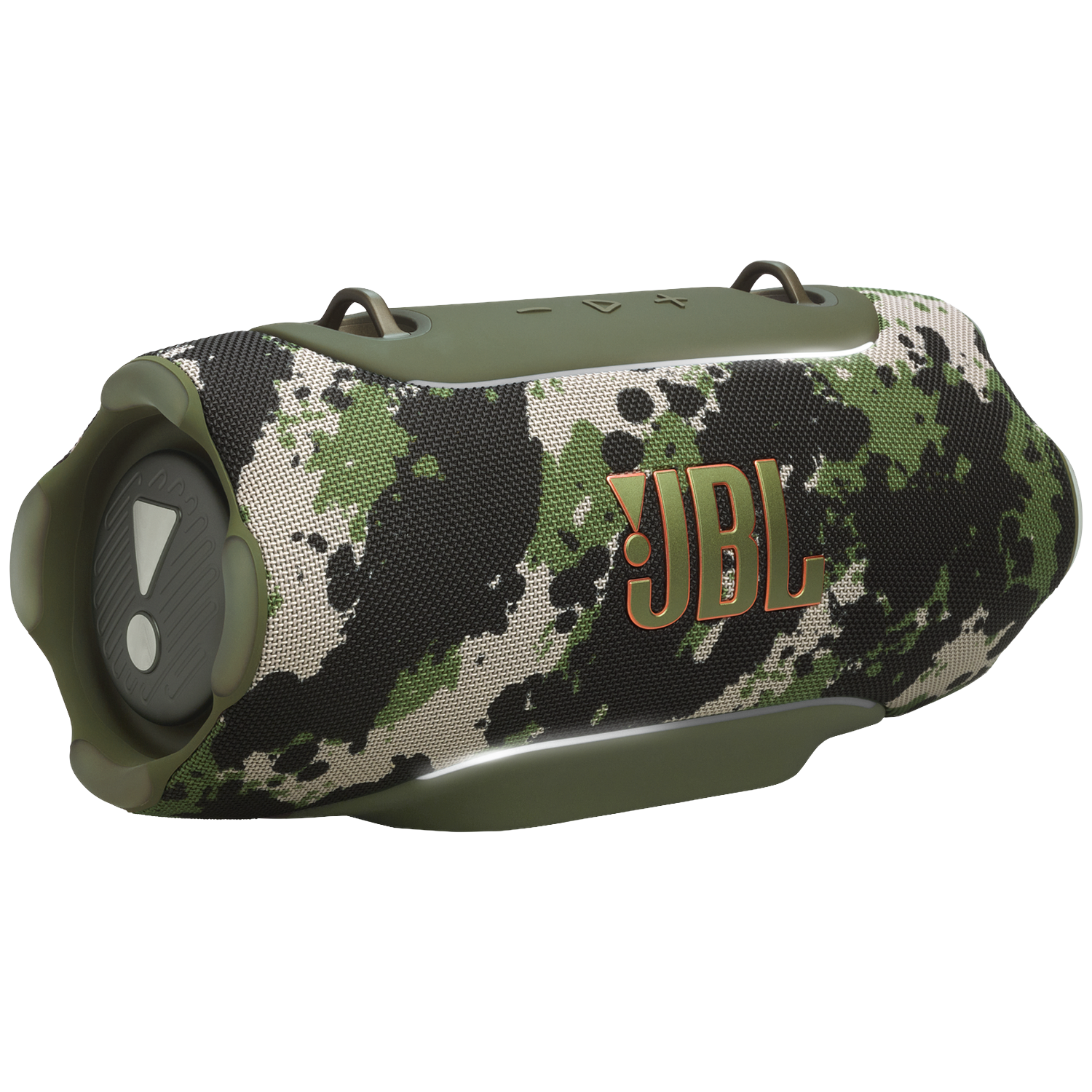 Groene camouflage luidspreker met JBL logo en draagband.