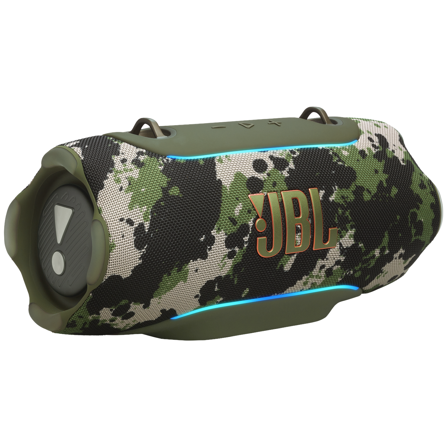 Groene camouflage JBL speaker met blauwe LED-accenten en handvatten.