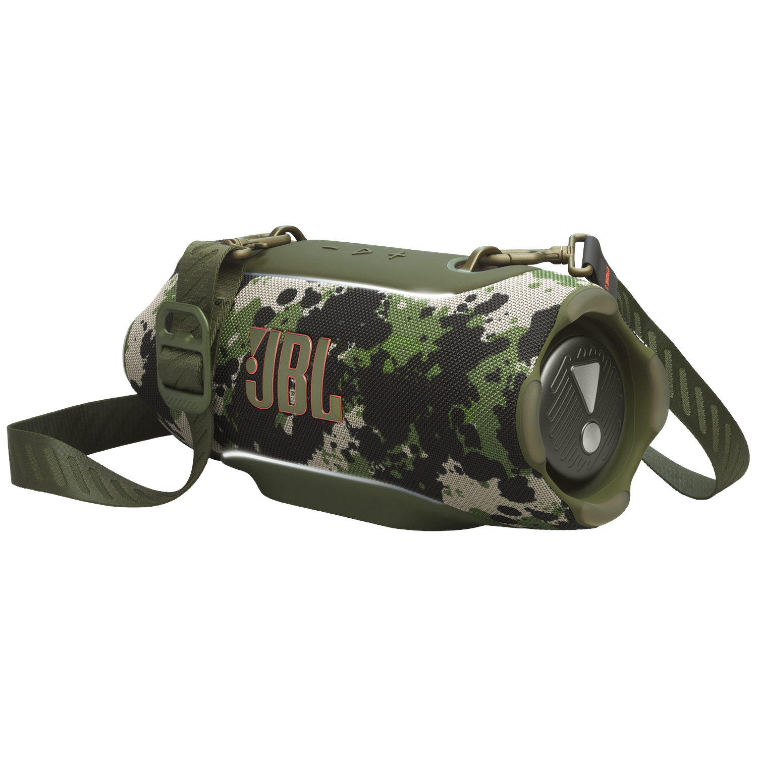 Groene JBL camouflage speaker met band en zilveren accenten.