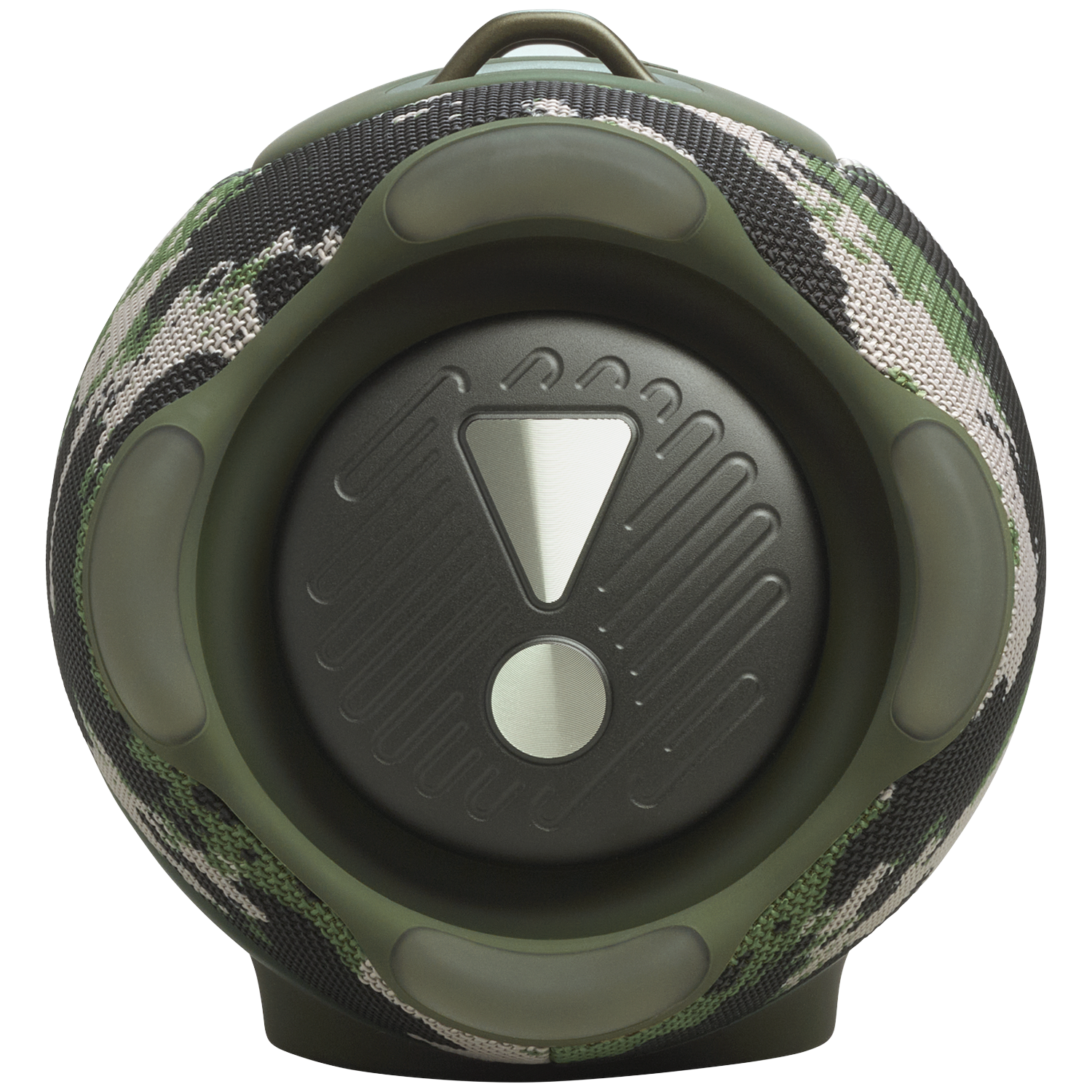 Een ronde, camouflage-patroon luidspreker bedekt met zwart en grijs weefsel.