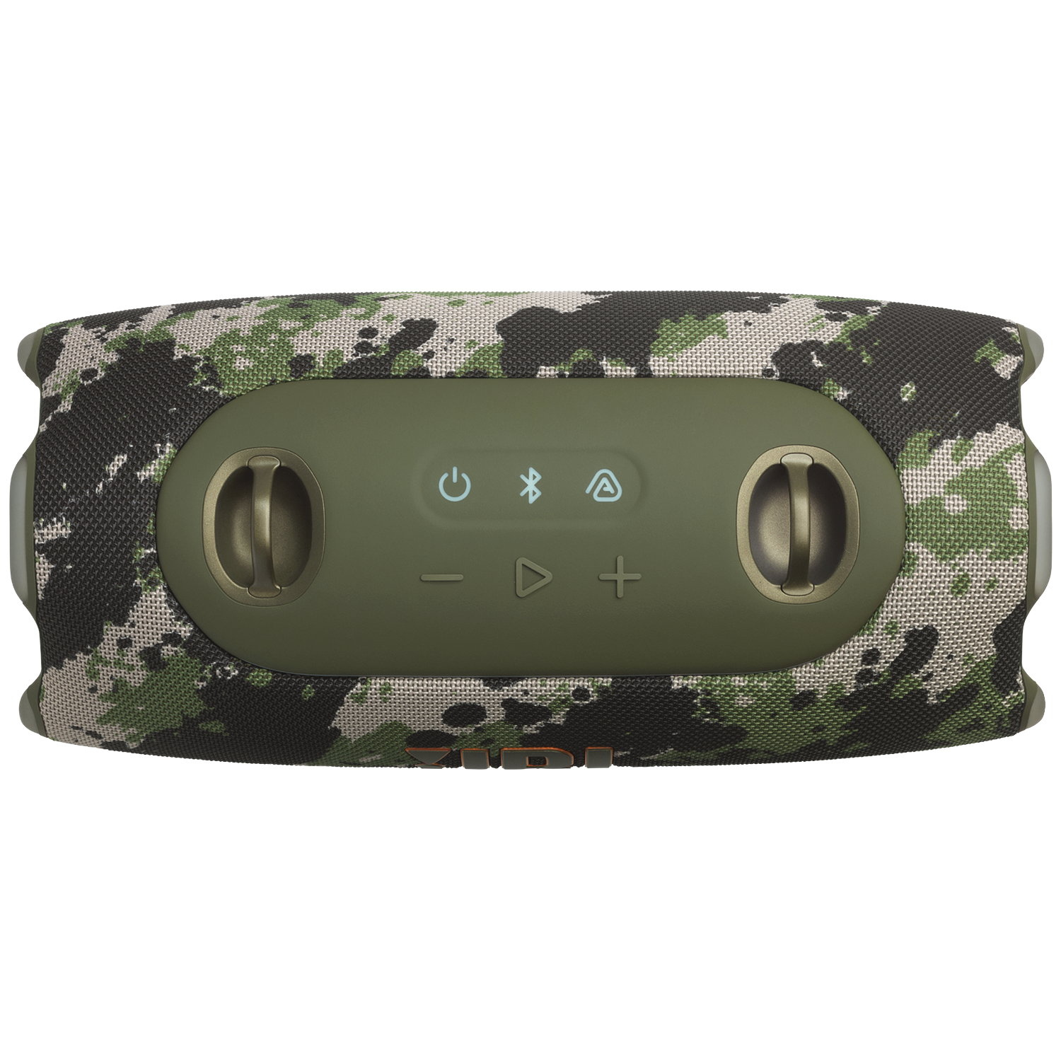 Camouflage JBL-luidspreker met groene accenten en bedieningsknoppen.