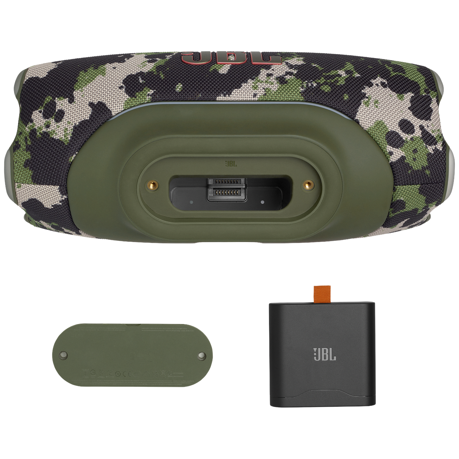 Camouflage JBL speaker met oplaadpoort, afdekking en powerbank.